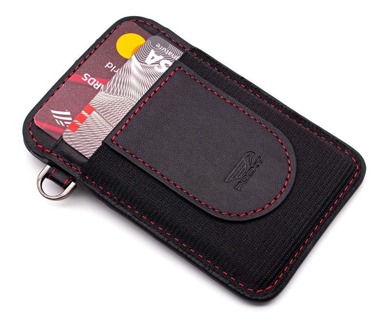 POCKT Card Holder Wallet For Men and Women - Slim Minimalist Front Pocket Wallet Elastic Credit Card Holder Genuine Leather RFID Blocking Card Case Wallets | Black Red - Image 2
